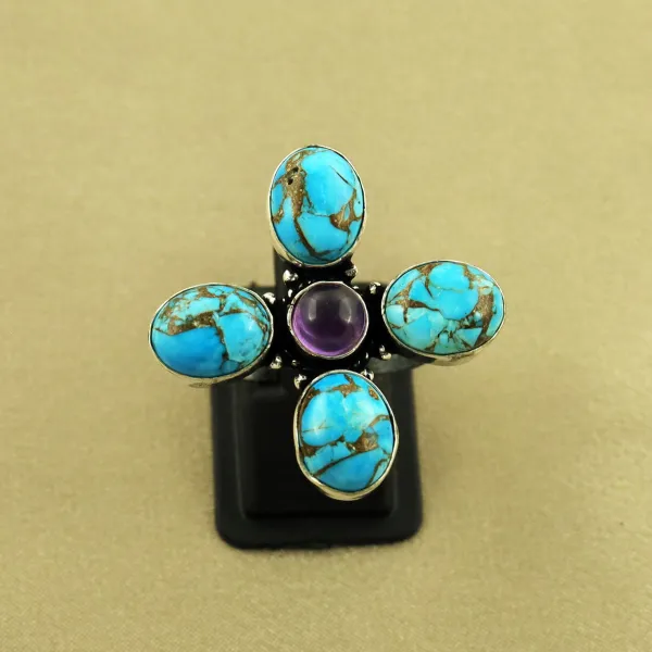 Natural Kingman Turquoise & Amethyst Sterling Silver Plated Handmade Ring - Size 9.5 (Adjustable) — photo 1