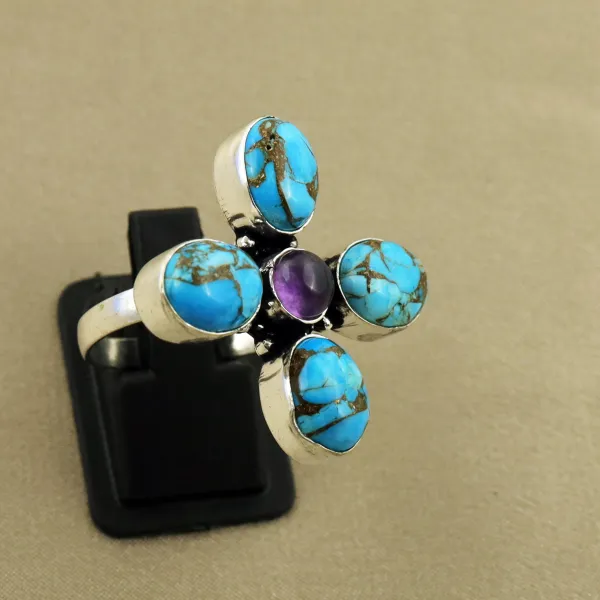 Natural Kingman Turquoise & Amethyst Sterling Silver Plated Handmade Ring - Size 9.5 (Adjustable) — photo 2