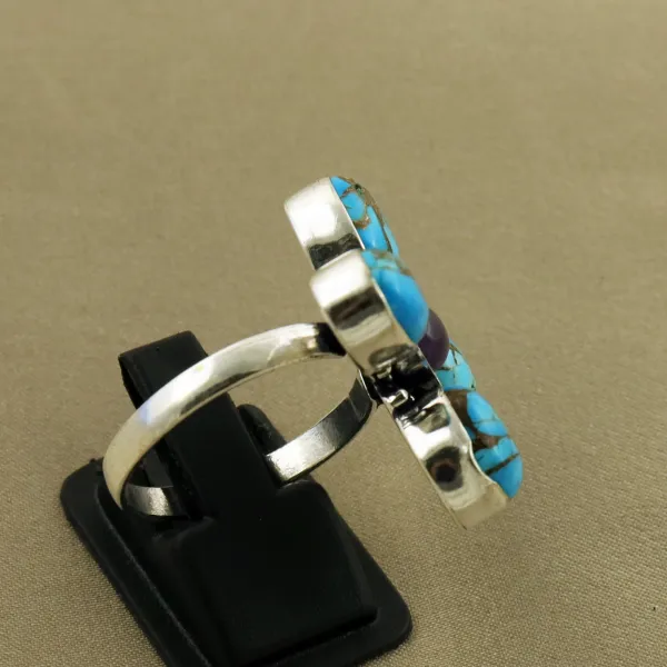 Natural Kingman Turquoise & Amethyst Sterling Silver Plated Handmade Ring - Size 9.5 (Adjustable) — photo 3