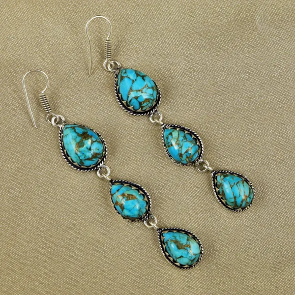 Natural Kingman Turquoise Sterling Silver Plated Handmade Stud Earring — photo 2