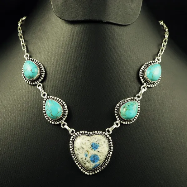Natural K2 Jasper & Turquoise Sterling Silver Plated Handmade Necklace — photo 1