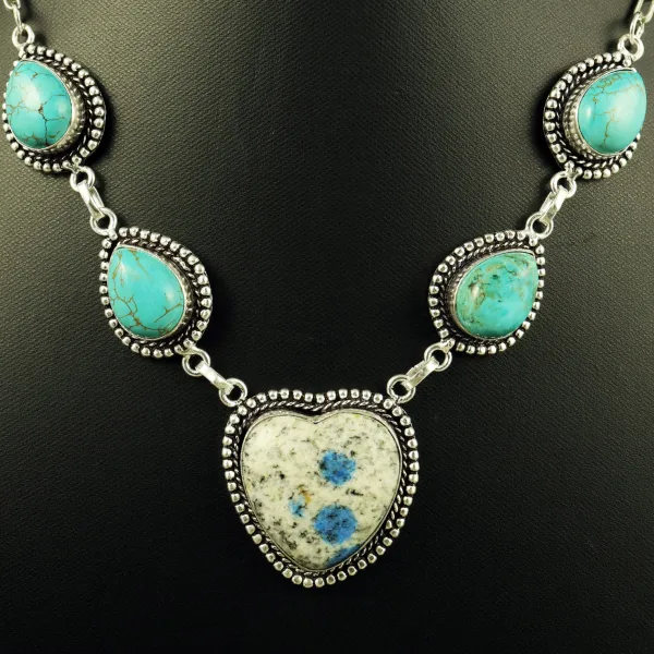 Natural K2 Jasper & Turquoise Sterling Silver Plated Handmade Necklace — photo 2