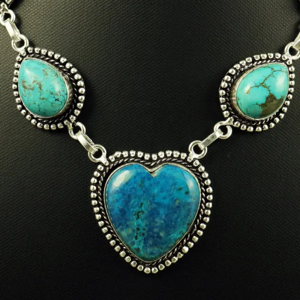Natural Shattuckite & Turquoise Sterling Silver Plated Handmade Necklace — photo 2