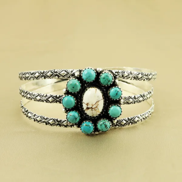 Natural Wild Horse & Turquoise Sterling Silver Plated Handmade Cuff Bangle — photo 1