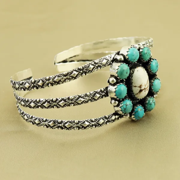 Natural Wild Horse & Turquoise Sterling Silver Plated Handmade Cuff Bangle — photo 2