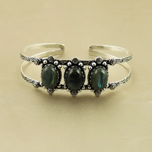 Natural Labradorite Sterling Silver Plated Handmade Cuff Bangle — photo 1