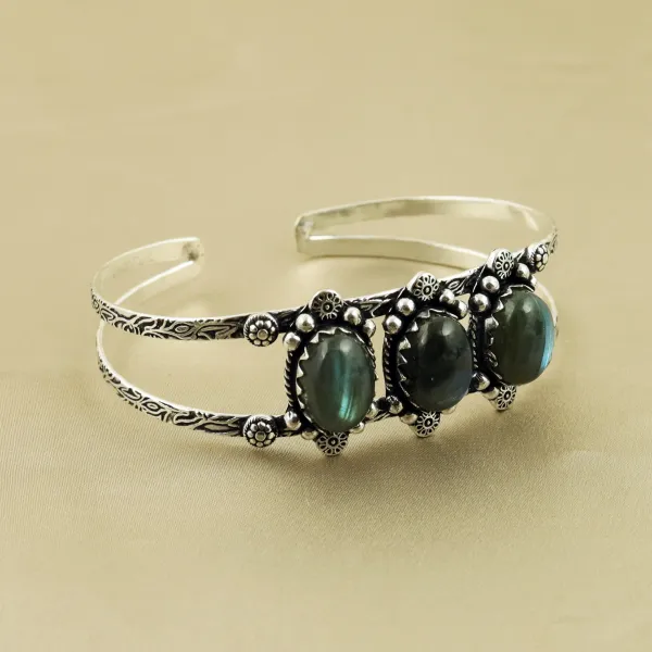 Natural Labradorite Sterling Silver Plated Handmade Cuff Bangle — photo 2