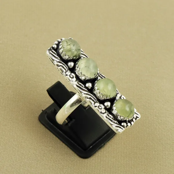 Natural Prehnite Sterling Silver Plated Handmade Ring - Size 8.5 — photo 1