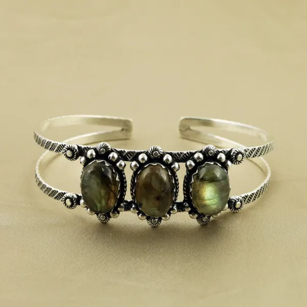 Natural Labradorite Sterling Silver Plated Handmade Cuff Bangle — photo 1
