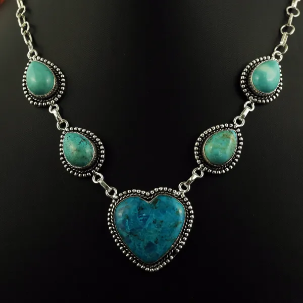 Natural Turquoise & Shattuckite Sterling Silver Plated Handmade Necklace — photo 2