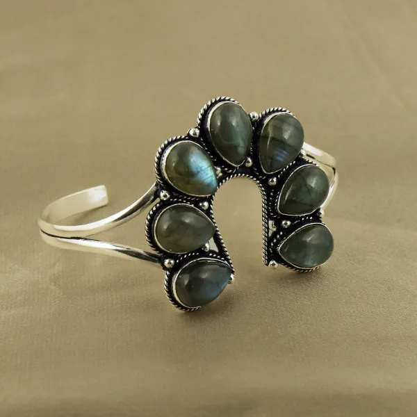 Natural Labradorite Sterling Silver Plated Handmade Cuff Bangle — photo 1