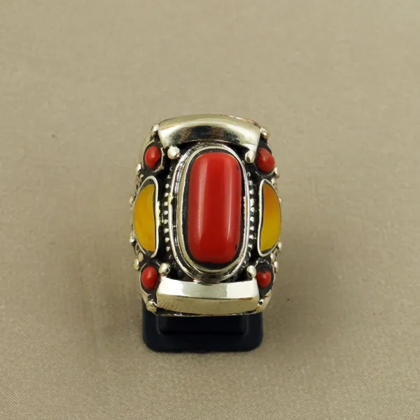 Tibetan Copal & Red Coral Handmade Ethnic Choker Ring - Size 9 — photo 1