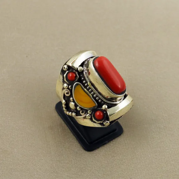 Tibetan Copal & Red Coral Handmade Ethnic Choker Ring - Size 9 — photo 2