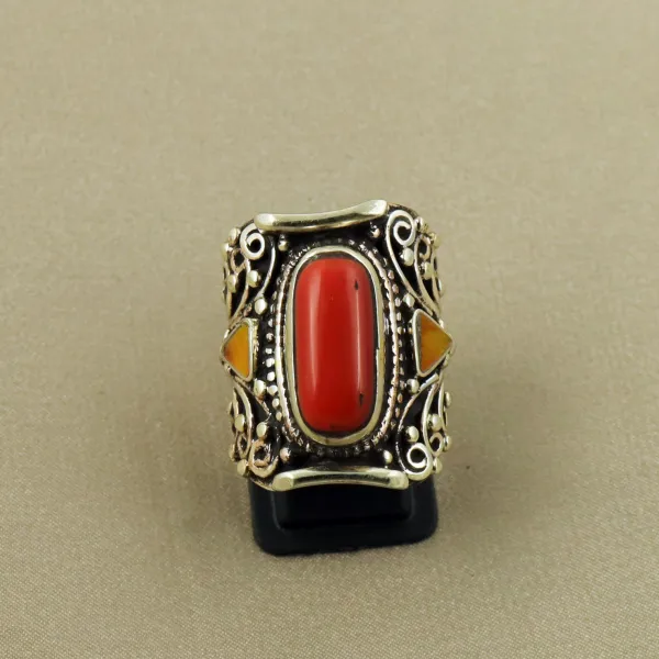 Tibetan Copal & Red Coral Handmade Ethnic Royal Ring - Size 8 — photo 1