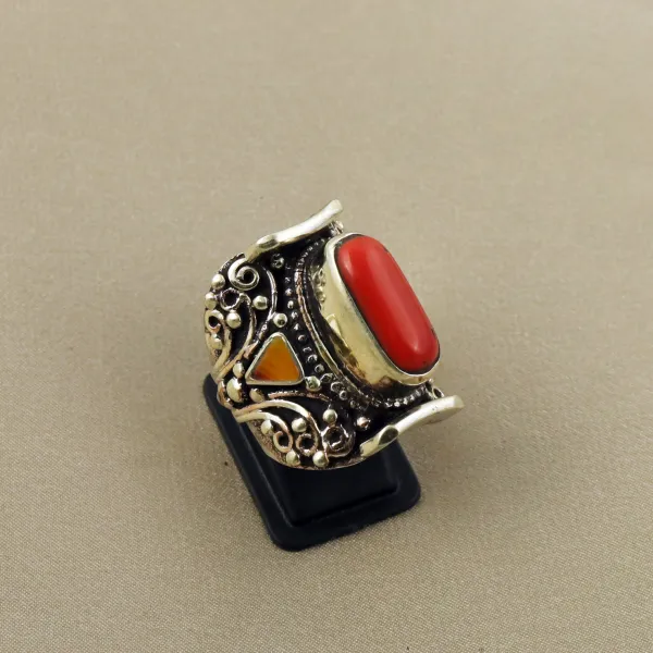 Tibetan Copal & Red Coral Handmade Ethnic Royal Ring - Size 8 — photo 2