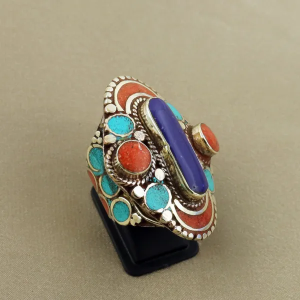 Tibetan Turquoise, Coral & Lapis Lazuli Handmade Ethnic Ring - Free Size — photo 2