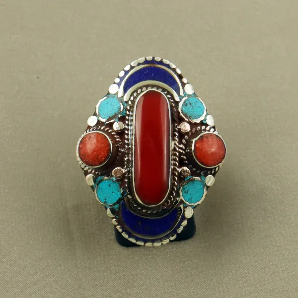 Tibetan Turquoise, Coral & Lapis Lazuli Handmade Ethnic Ring - Free Size — photo 1