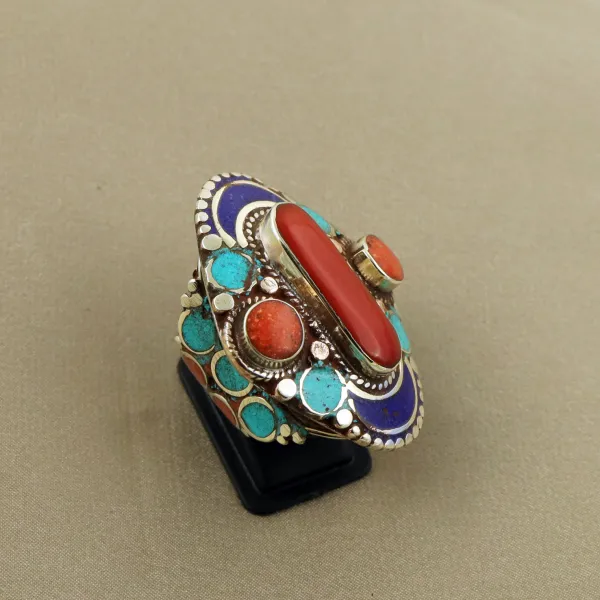 Tibetan Turquoise, Coral & Lapis Lazuli Handmade Ethnic Ring - Free Size — photo 2