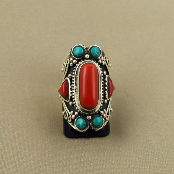 Tibetan Turquoise & Coral Handmade Ethnic Ring - Size 6.5 — photo 1