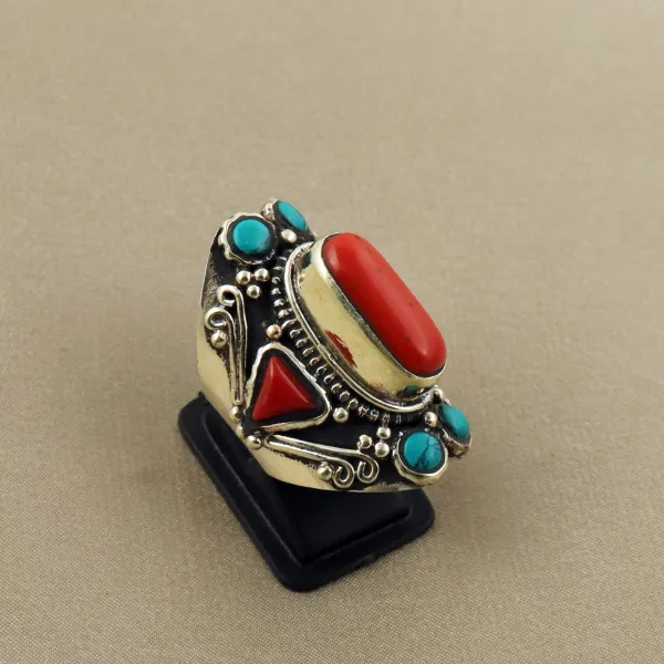 Tibetan Turquoise & Coral Handmade Ethnic Ring - Size 6.5 — photo 2