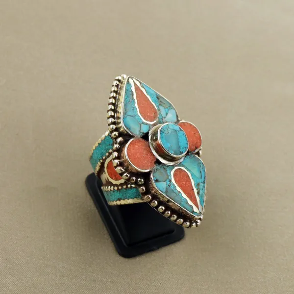 Tibetan Turquoise & Coral Handmade Ethnic Ring - Size 8.5 — photo 2