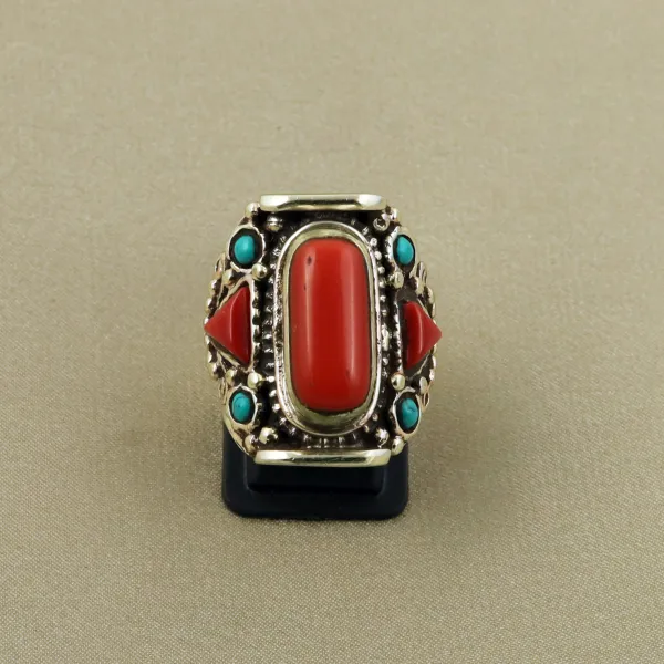 Tibetan Turquoise & Coral Handmade Ethnic Ring - Size 9 — photo 1