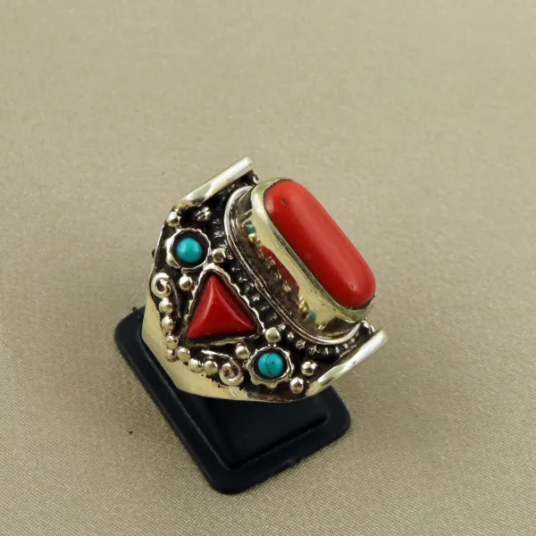 Tibetan Turquoise & Coral Handmade Ethnic Ring - Size 9 — photo 2