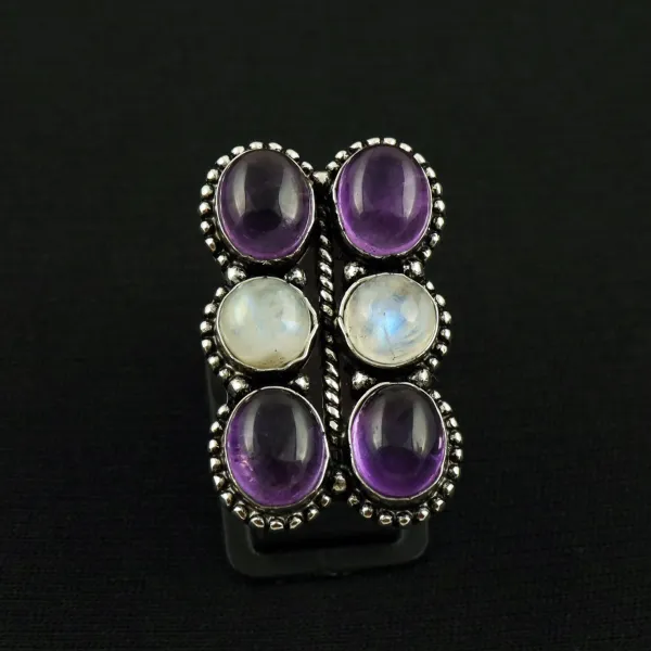 Natural Rainbow Moonstone & Amethyst Sterling Silver Plated Handmade Ring - Size 8 (Adjustable) — photo 2