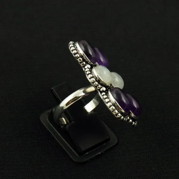 Natural Rainbow Moonstone & Amethyst Sterling Silver Plated Handmade Ring - Size 8 (Adjustable) — photo 3