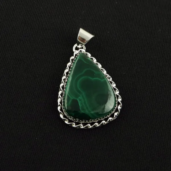 Natural Malachite 2 Micron Sterling Silver Plated Handmade Pendant — photo 1