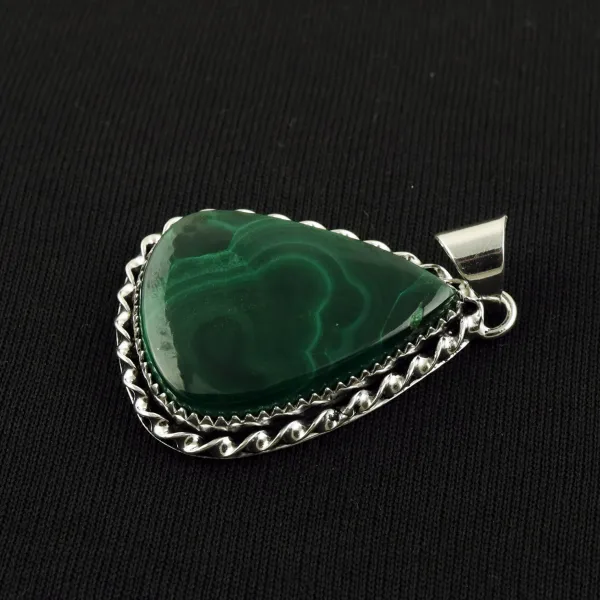Natural Malachite 2 Micron Sterling Silver Plated Handmade Pendant — photo 2