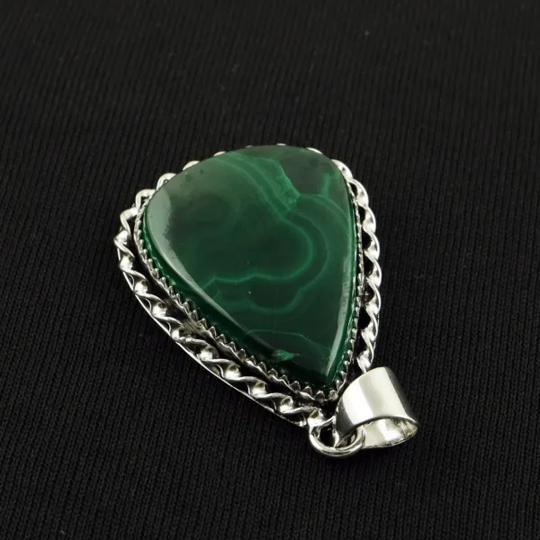 Natural Malachite 2 Micron Sterling Silver Plated Handmade Pendant — photo 3