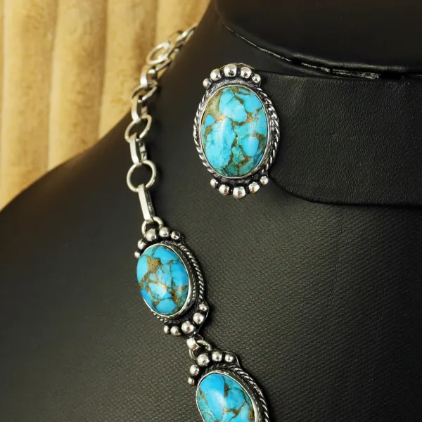 Natural Kingman Turquoise Silver Plated Handmade Necklace With Stud Earring — photo 3