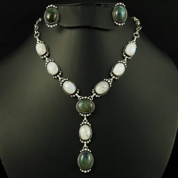 Natural Rainbow Moonstone & Labradorite Silver Plated Handmade Necklace With Stud Earring — photo 1