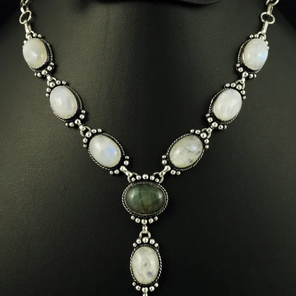 Natural Rainbow Moonstone & Labradorite Silver Plated Handmade Necklace With Stud Earring — photo 2