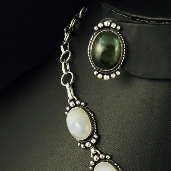 Natural Rainbow Moonstone & Labradorite Silver Plated Handmade Necklace With Stud Earring — photo 3