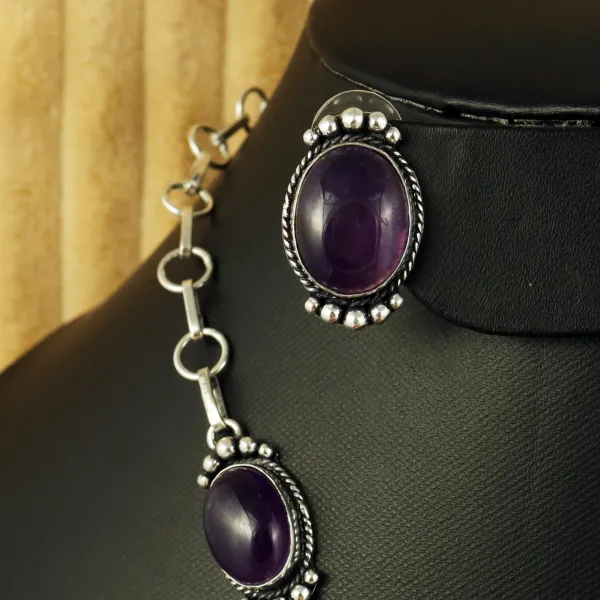 Natural Amethyst Sterling Silver Plated Handmade Necklace With Stud Earring — photo 3