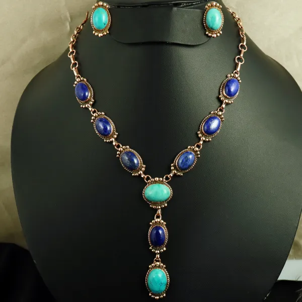 Natural Lapis Lazuli & Turquoise Copper Plated Handmade Necklace With Stud Earring — photo 1