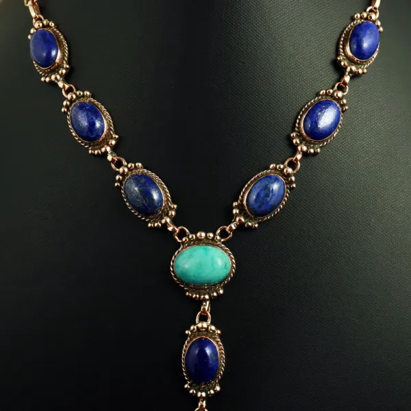 Natural Lapis Lazuli & Turquoise Copper Plated Handmade Necklace With Stud Earring — photo 2
