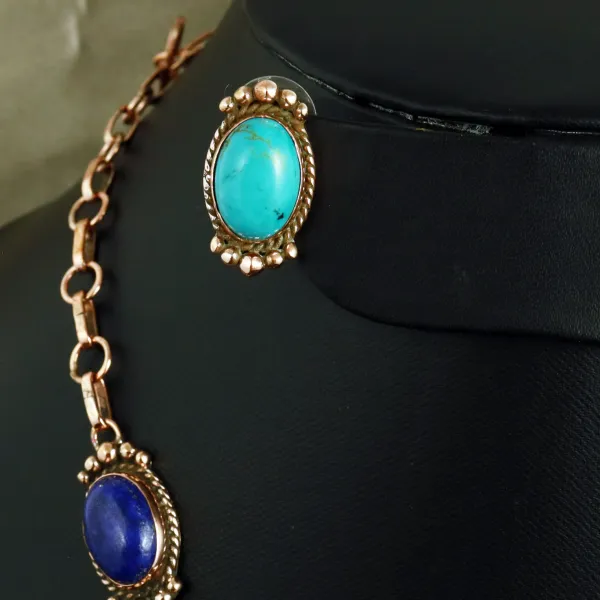 Natural Lapis Lazuli & Turquoise Copper Plated Handmade Necklace With Stud Earring — photo 3