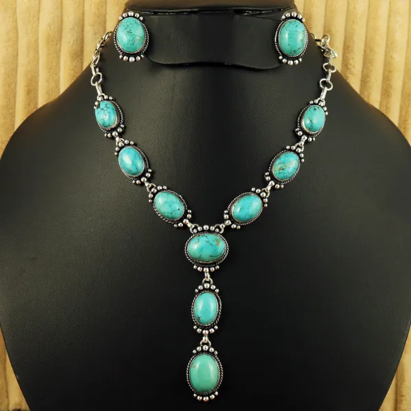 Natural Turquoise Silver Plated Handmade Necklace With Stud Earring — photo 1