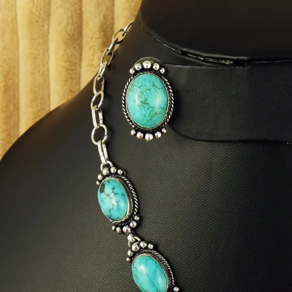 Natural Turquoise Silver Plated Handmade Necklace With Stud Earring — photo 3