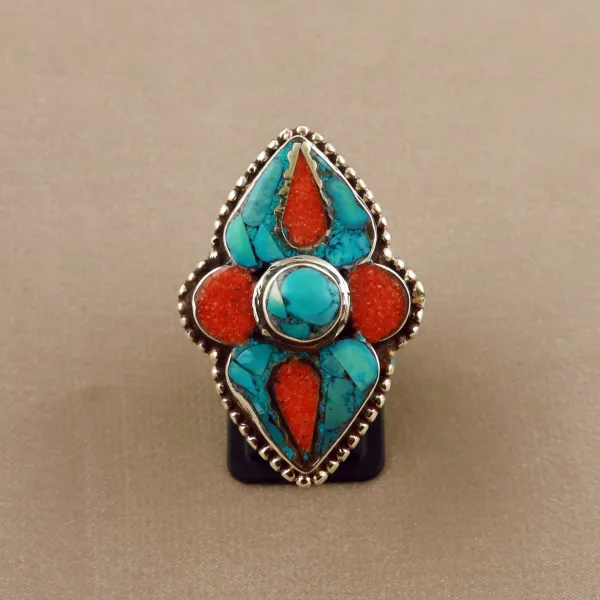 Tibetan Turquoise & Coral Handmade Ethnic Ring - Size 10 — photo 2