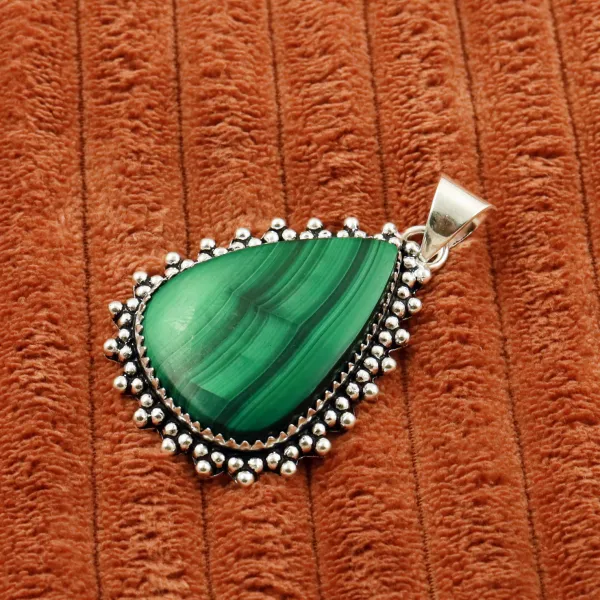 Natural Malachite 2 Micron Sterling Silver Plated Handmade Pendant — photo 2