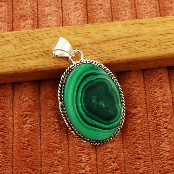 Natural Malachite 2 Micron Sterling Silver Plated Handmade Pendant — photo 1