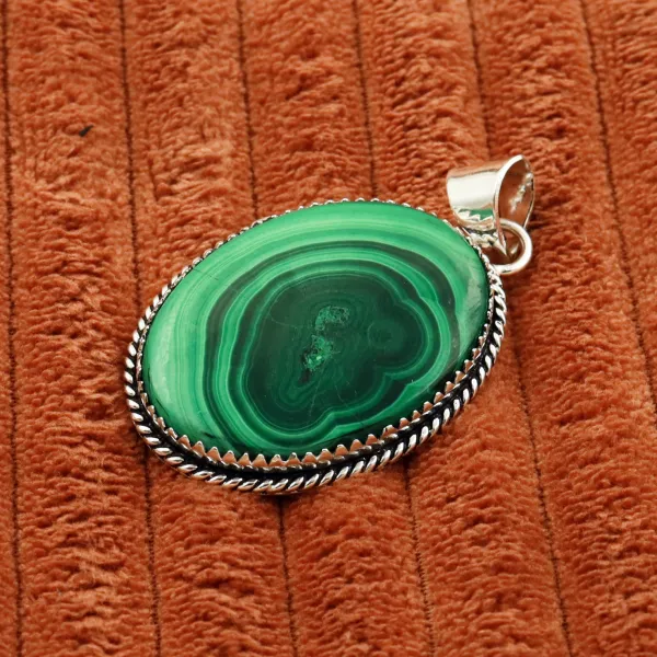 Natural Malachite 2 Micron Sterling Silver Plated Handmade Pendant — photo 2