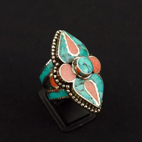 Tibetan Turquoise & Coral Handmade Ethnic Ring - Size 8.5 — photo 2