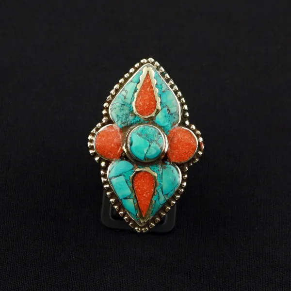 Tibetan Turquoise & Coral Handmade Ethnic Ring - Size 8.5 — photo 1