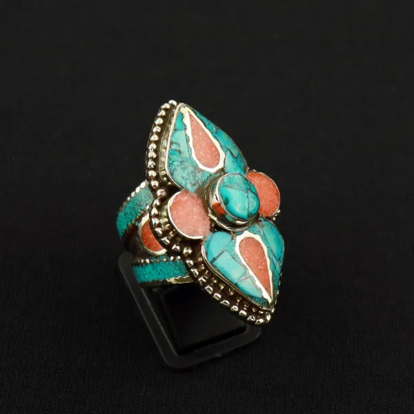 Tibetan Turquoise & Coral Handmade Ethnic Ring - Size 8.5 — photo 2