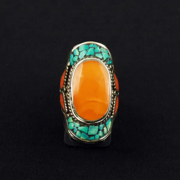 Tibetan Turquoise, Coral & Copal Handmade Ethnic Ring - Size 9.5 — photo 2